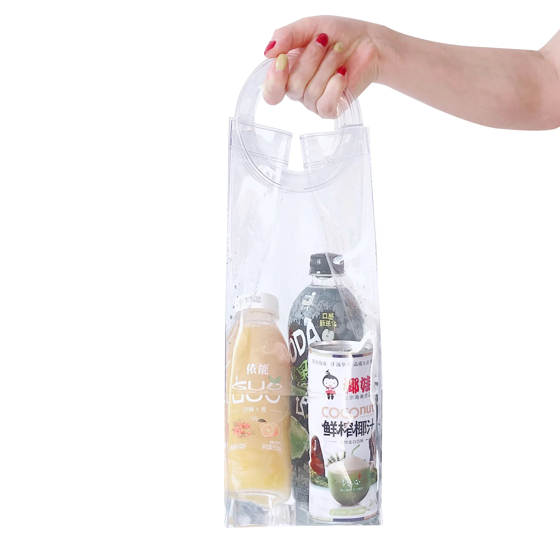 Customized Logo Ins Popular Cool PVC Drinks Bottle Wine Bag Cooler Transparent Ice Bag with Round Handle