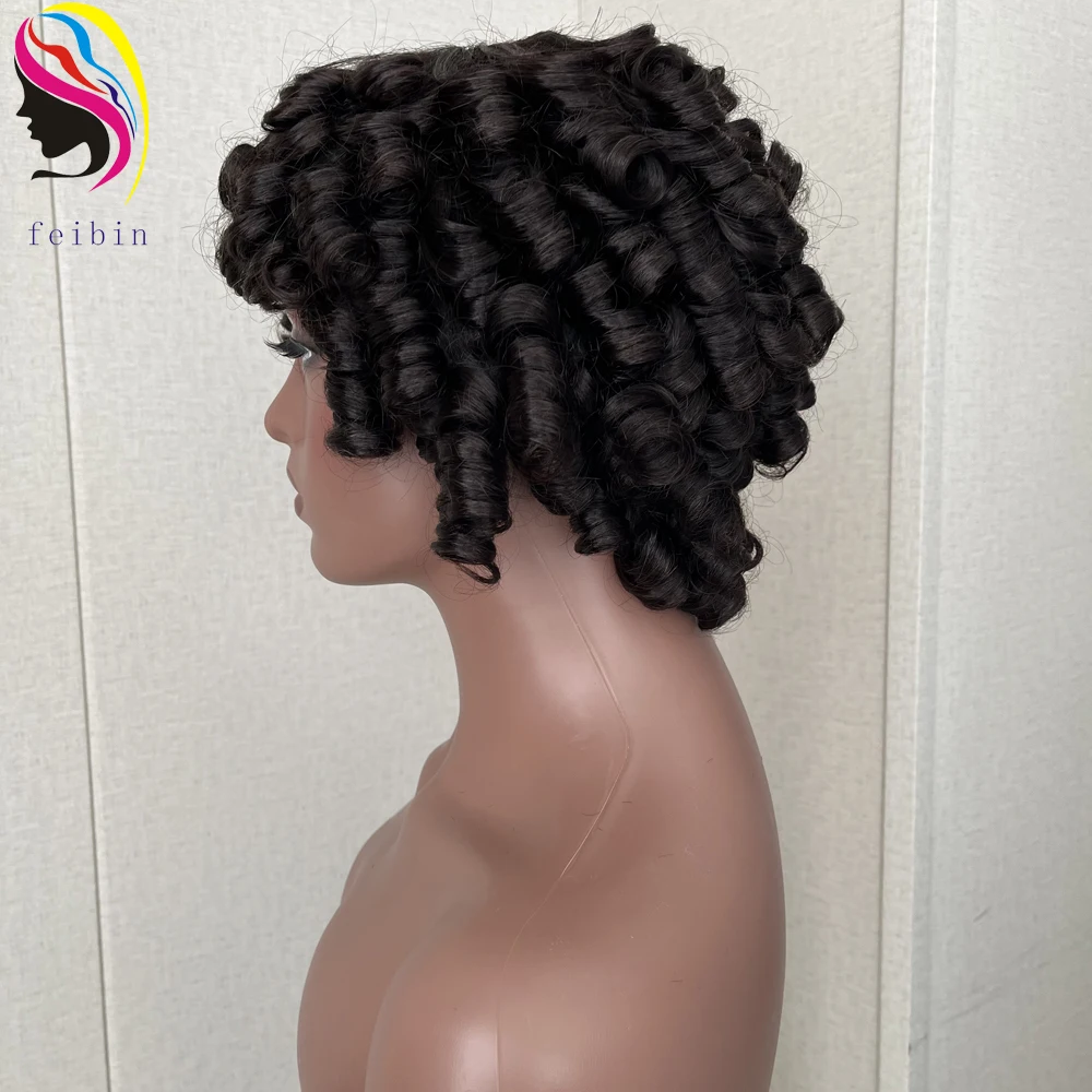 Cheap Price Fumi Curly Human Hair Wigs for Women Pixie Cut Rose Curly Full Machine Wigs Egg Curls Bob Wig With Bangs