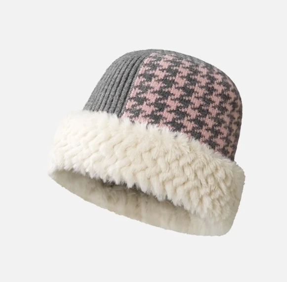 Fashionable Thousand Bird Grid Knitted Hat for Women Shopping in Autumn and Winter, Plush Warm Ear Protection