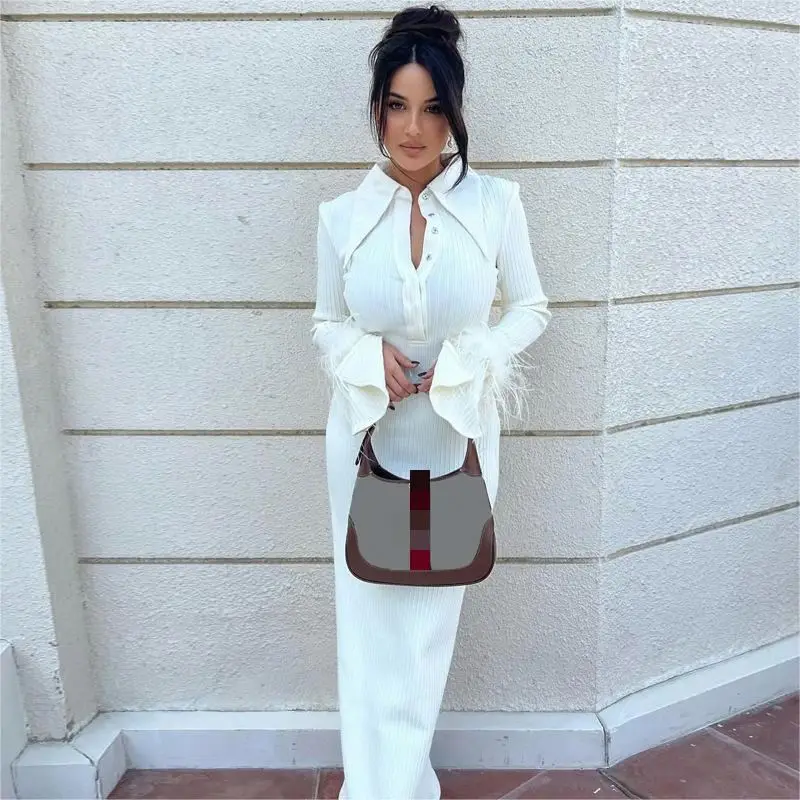 WQ3025 White Color Women Elegant Long Sleeve Shoulder Padded Dress Knit Button Dress With Fur