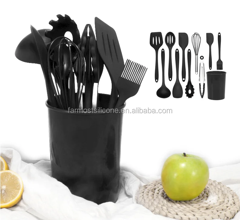 
11 piece silicone whisk food tong cooking utensils set spatula ladle pasta server kitchen utensils set 
