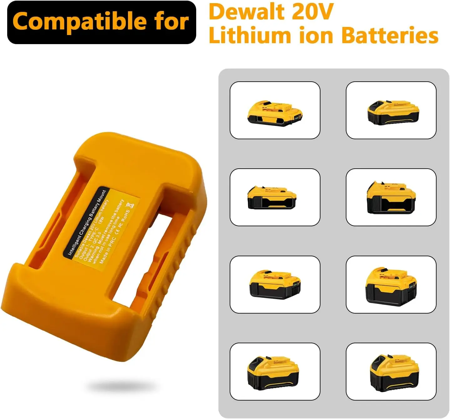 Factory Battery charging adapter with USB quick charger USB C port for Dewalt 20V 60V battery mount charger adapter