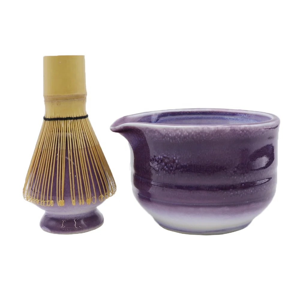 Custom green tea matcha set tool kit astral purple flash flambed glazed ceramic whisk whip holder and matcha bowl with spout