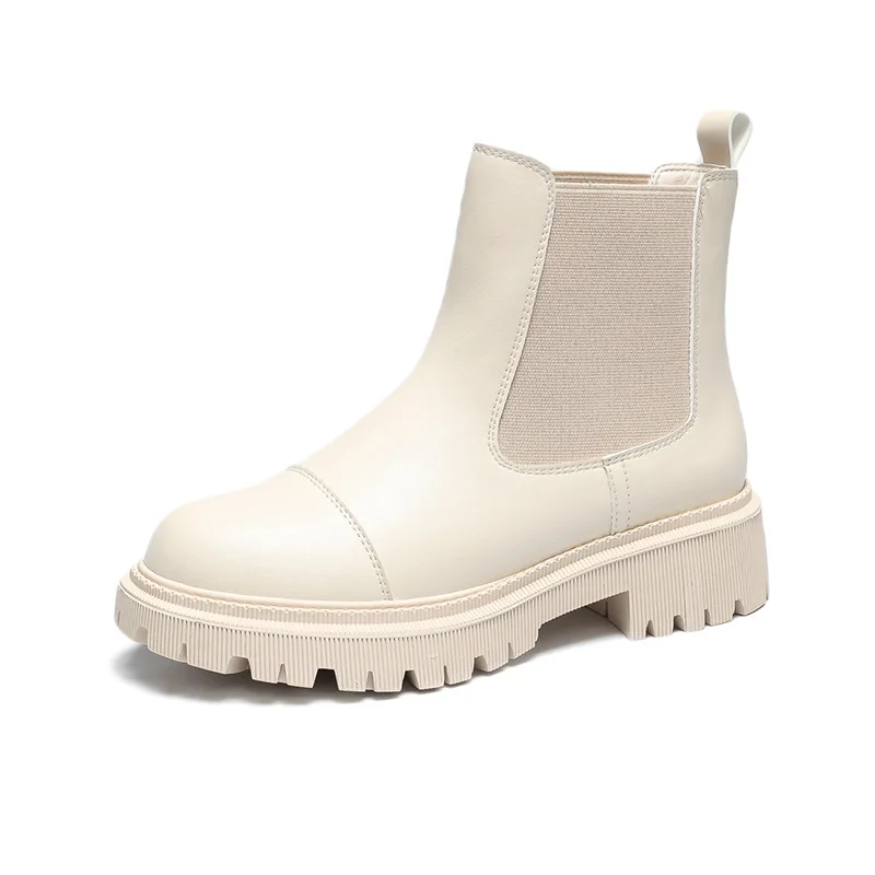 Ankle women boots Platform Women Cow Leather Boots Round Toe Elastic Band Thick Sole Ladies Shoes