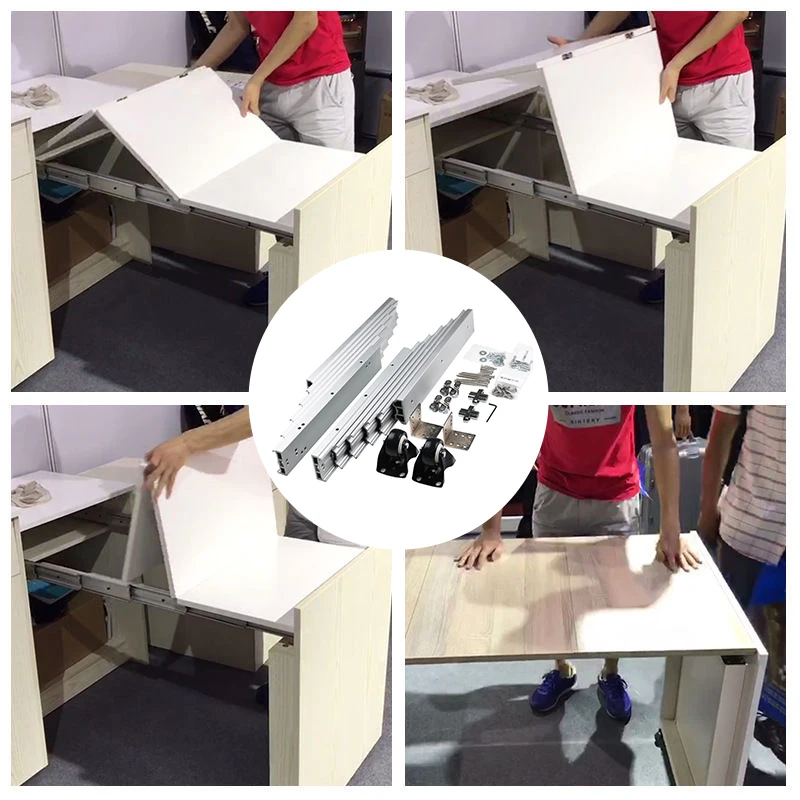 Heavy Duty Extension Hidden Invisible Dining Drawer Multi-sections Telescopic Slide Rail Pull Out Extending Table Mechanisms