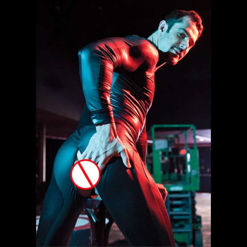 Men Sexy Wetlook Faux Leather Latex Catsuit Bodysuit Hot Erotic Lingerie zentai gay fetish Wear pvc costume Open Crotch Clubwear