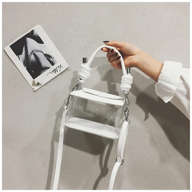 2021 New Designer Women Jely Clear Pvc Handle Square Trendy Shoulder Bag Lady Solid Transparent Messenger