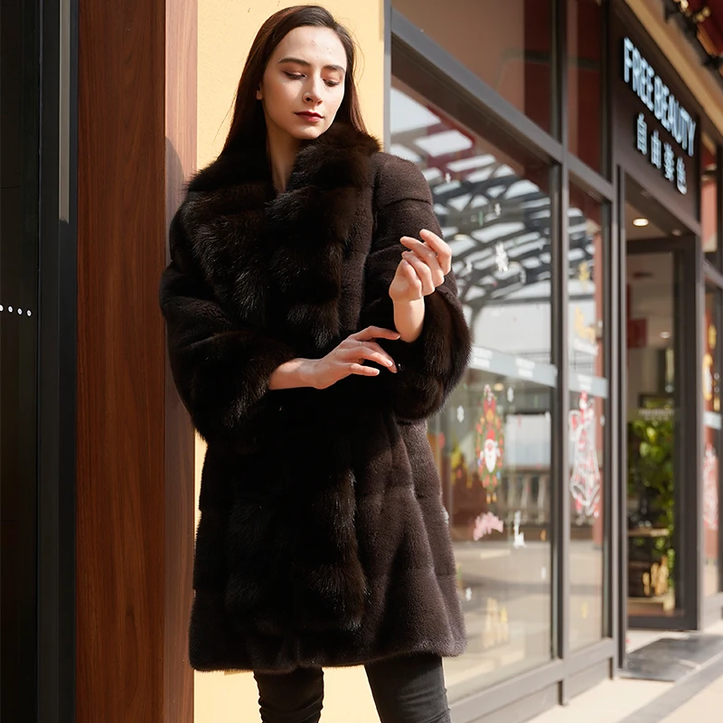 Premium Excellent Comfortable Women Long Winter Natural Brown Russian Mink Fur Coats