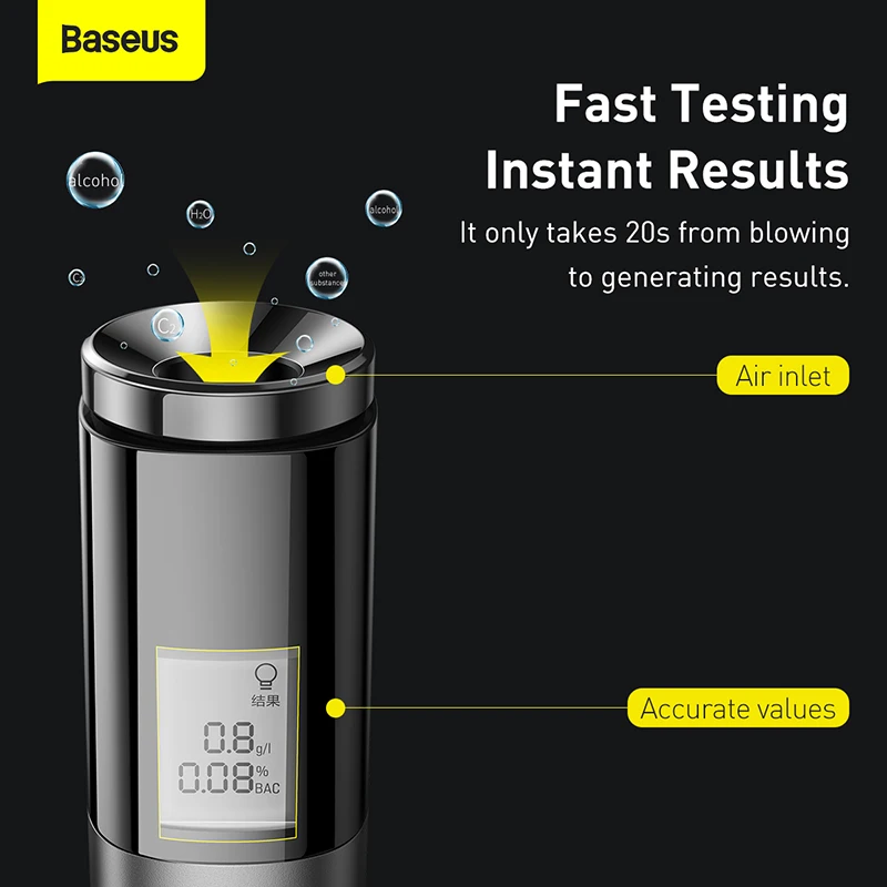 Baseus Rechargeable Breath Alcohol Test With LED Screen Display Automatic Alcohol Tester Breathalyzer