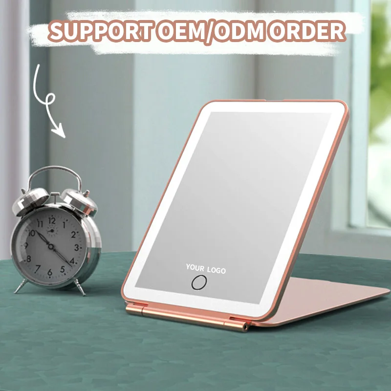 2024 New Beauty ODM Led Foldable Travel Makeup Mirror Touch Screen Portable Standing Adjustable Folding PU Mirror With Led Light