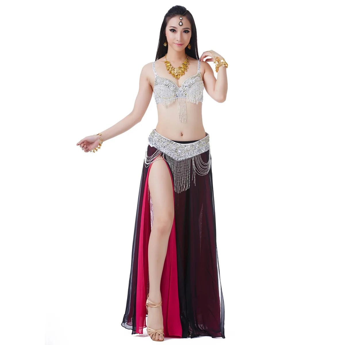 Hot Sale Hight Quality Women Girls Practice Costume Fringe Bra Chiffon Skirt Belly Dance Set