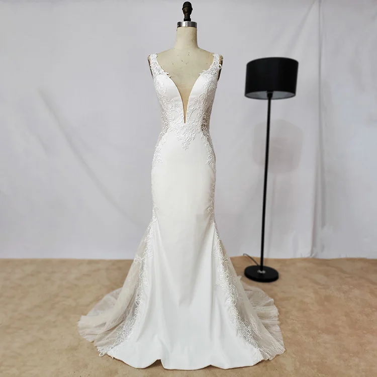 Customized simple style satin embroidery bridal gowns long train white wedding dresses