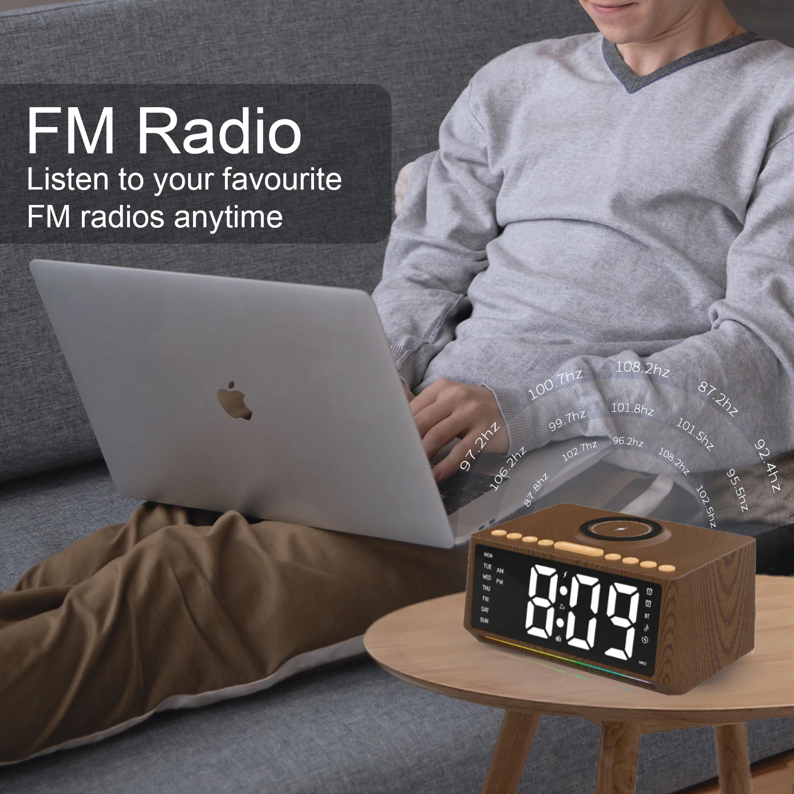Wholesale Bedside Bt Wooden Clock With Fm Radio 15W Wireless Charging Station Alarm Clock With Speaker