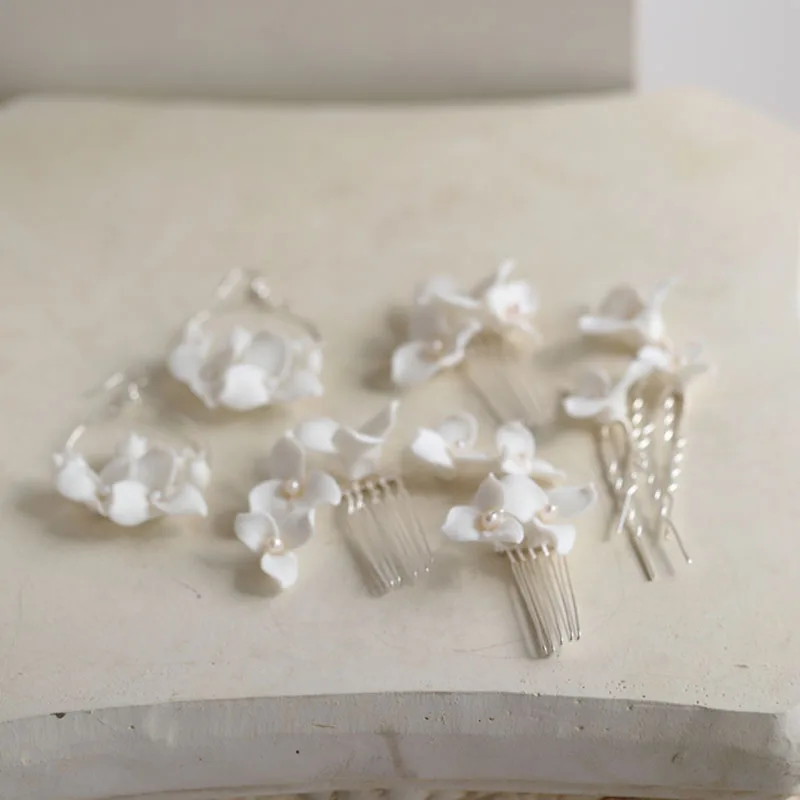 SLBRIDAL Handmade Rhinestones Freshwater Pearls Porcelain Flower Bridal Wedding Hair Comb Hair Pin Earring Women Girls Jewelry