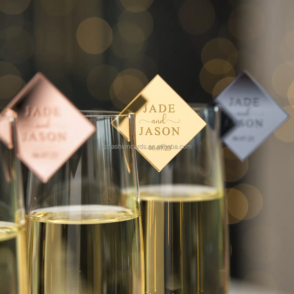 Customized Acrylic Wedding Drink Toppers Gold Mirror Champagne Drink Tags