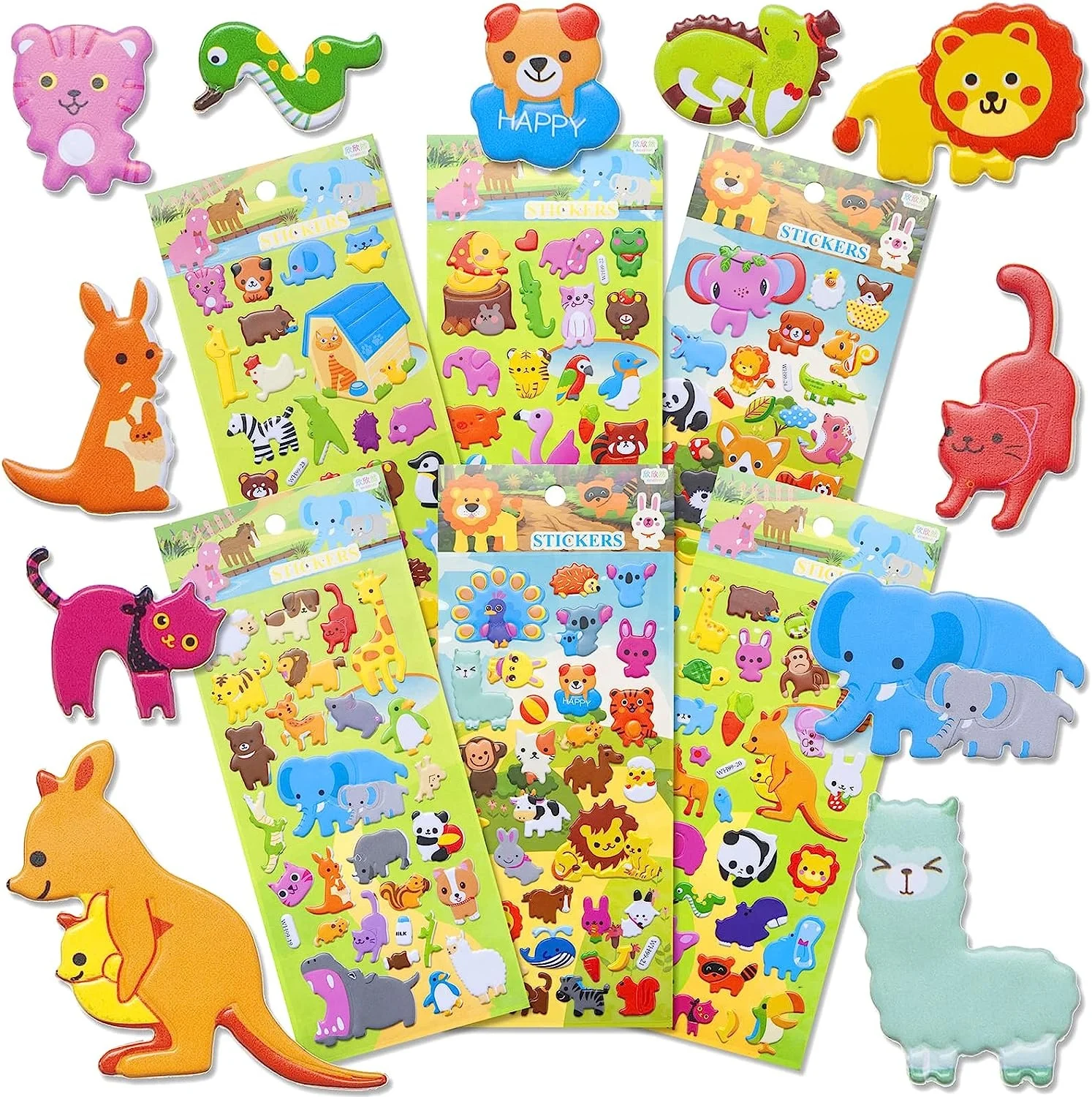 3D Fluffy Animal Stickers for ages 4-8,6 cute foam stickers for preschool girls and boys, reusable bubble stickers in bulk for p