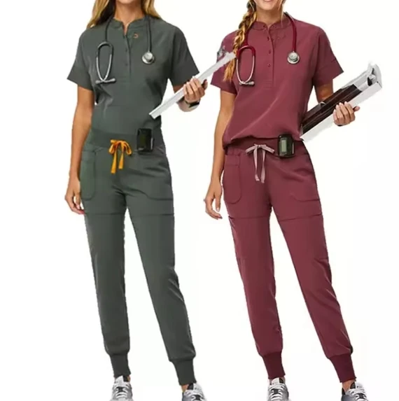 OEM Factory Custom Rayon Unisex Scrubs Neutral White Hospital Medical Uniforms Burnt Orange Jogger featuring Custom Collar