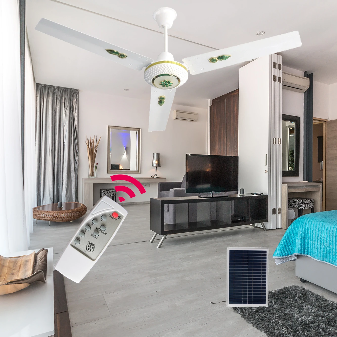 Hot sale AC DC solar ceiling fan Rechargeable Ceiling Fan DC 12V Motor  56 Inch ceiling fan with led light and remote control