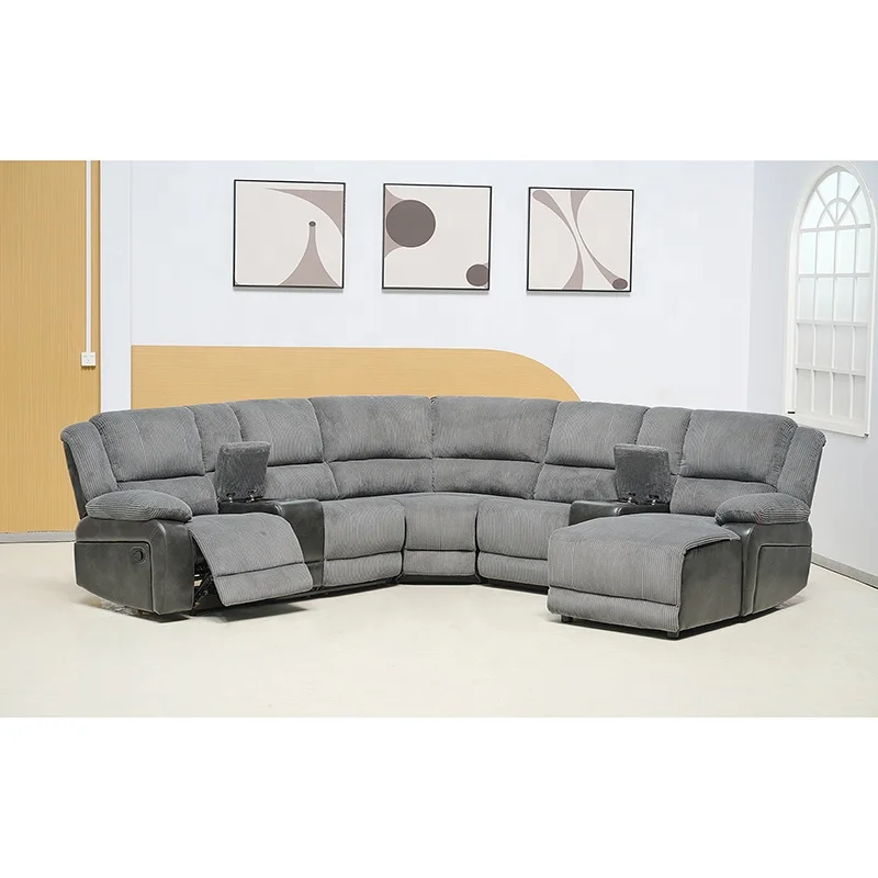 Gray Corduroy Fabric Splicing Synthetic Leather Corner Recliner  With Console  Cup Holder And Chaise Lounge For Living Room