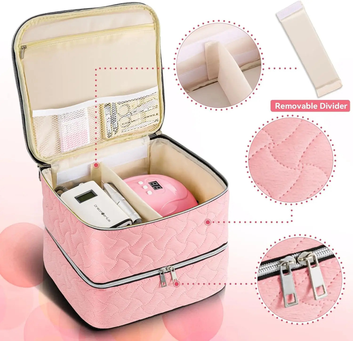 Double-Layer Nail polish storage bag with Adjustable Dividers Holds 42 Bottles for  Manicure Supplies