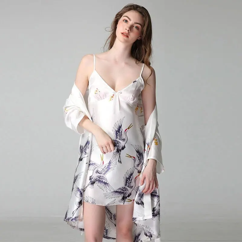 Белая женская ночная рубашка, атласная шелковая одежда для сна, женская пижама, банный халат с принтом долларов, шелковый халат с вышивкой, Шелковый пижамный комплект для женщин