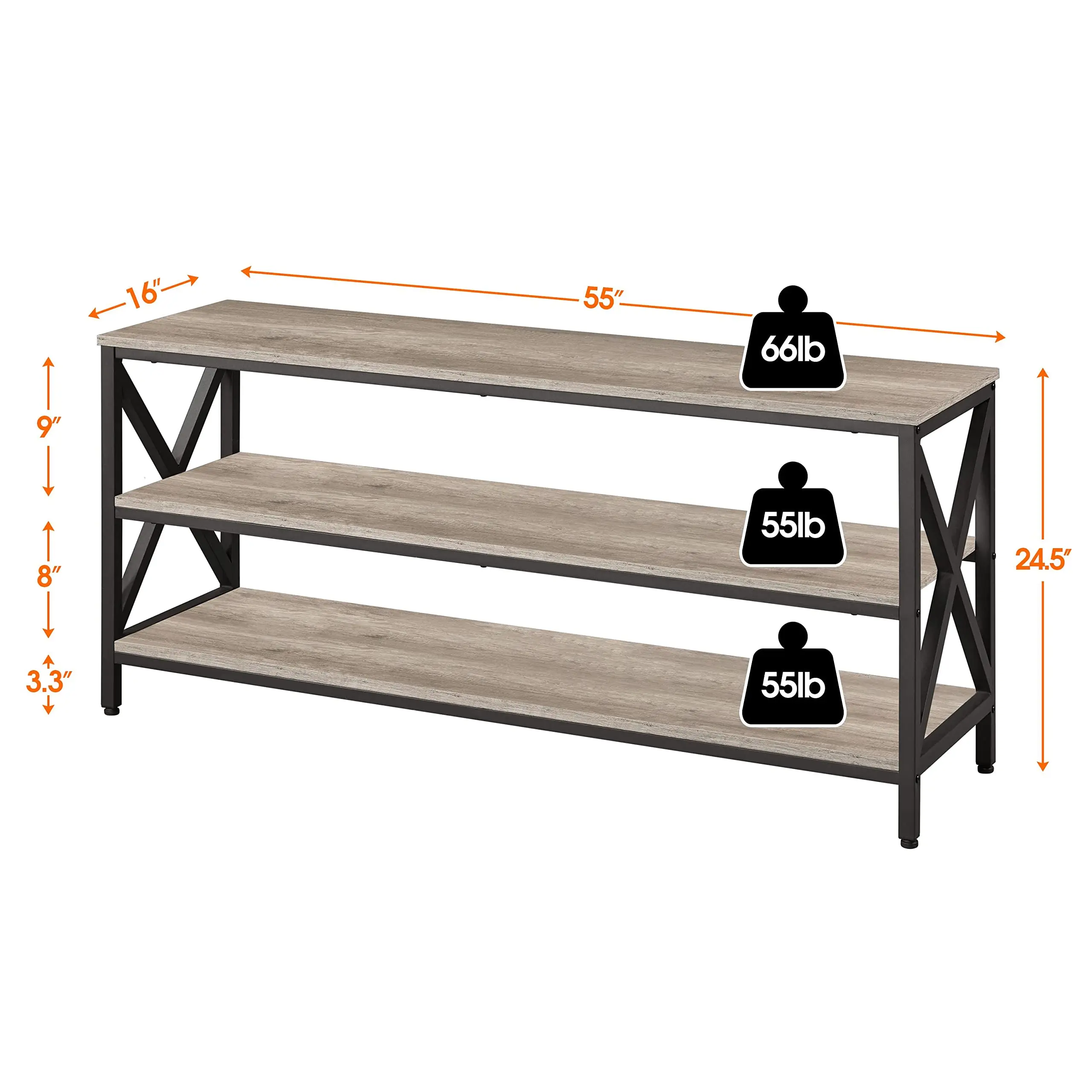 TV Cabinet with 3 Tier Storage Shelves for Living Room Entertainment Center TV Console Table with Metal Frame