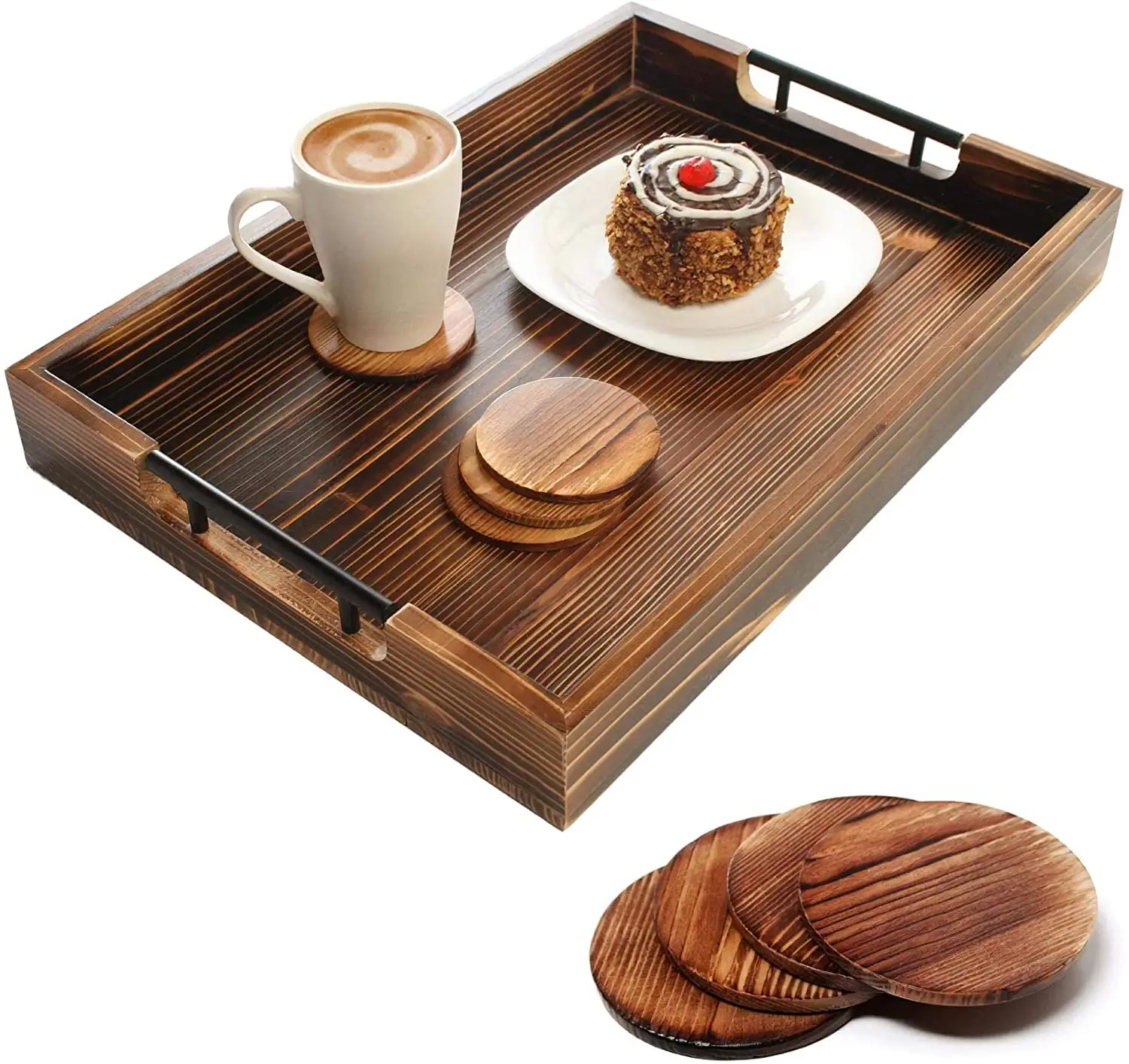 Ottoman Tray with 4 Coasters - 20 Inch x 14 Inch Serving Tray, Charcuterie, Cheese - Platter for Breakfast in Bed