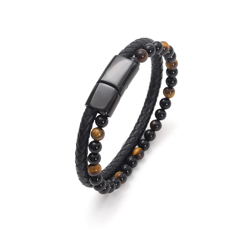 Factory spot Agate Tiger Eye Natural Stone Beaded Bracelet Men`s Stainless Steel Genuine Leather Multi Layers Cross Bracelet