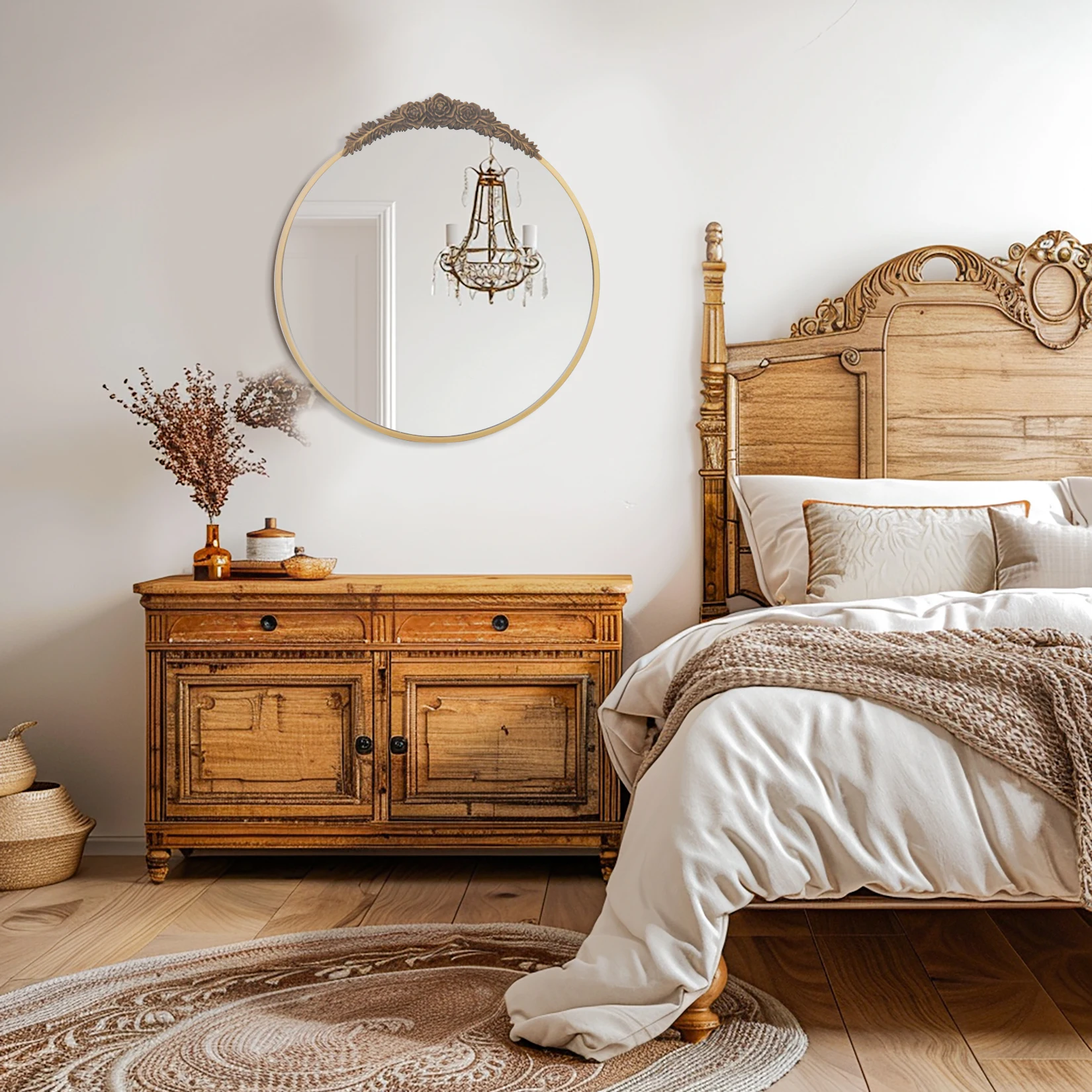 Antique Wall Mirror Round Vintage Baroque Brass Mirror Metal Frame Antique Glam Round Wall Mirror for Entryway,Living Room