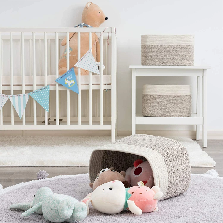 Set of 3 Woven Storage Basket - Large Cotton Rope Basket with durable Handles Foldable Laundry Hamper