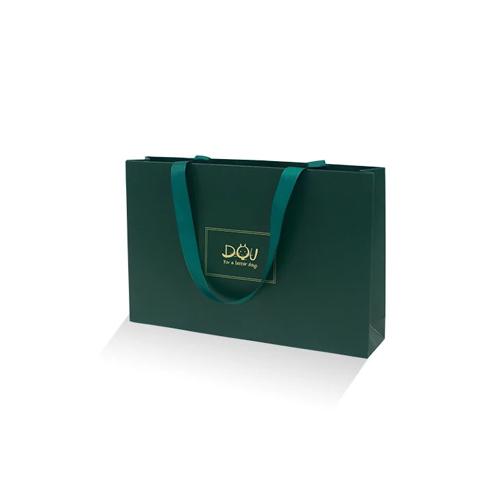 Yiwu Designer Foil Hot Stamping Small Medium Large Green Printed Custom shopping Gift Paper Bag with logo