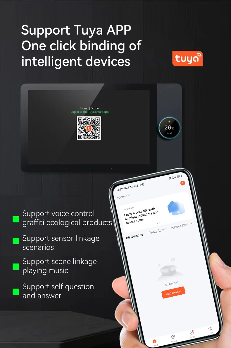 Lifelibero 2-way Wired Ceiling Speakers 2gang Relay Switch 8 Inch Full Touch Screen Smart Home Control Panel For Bedroom