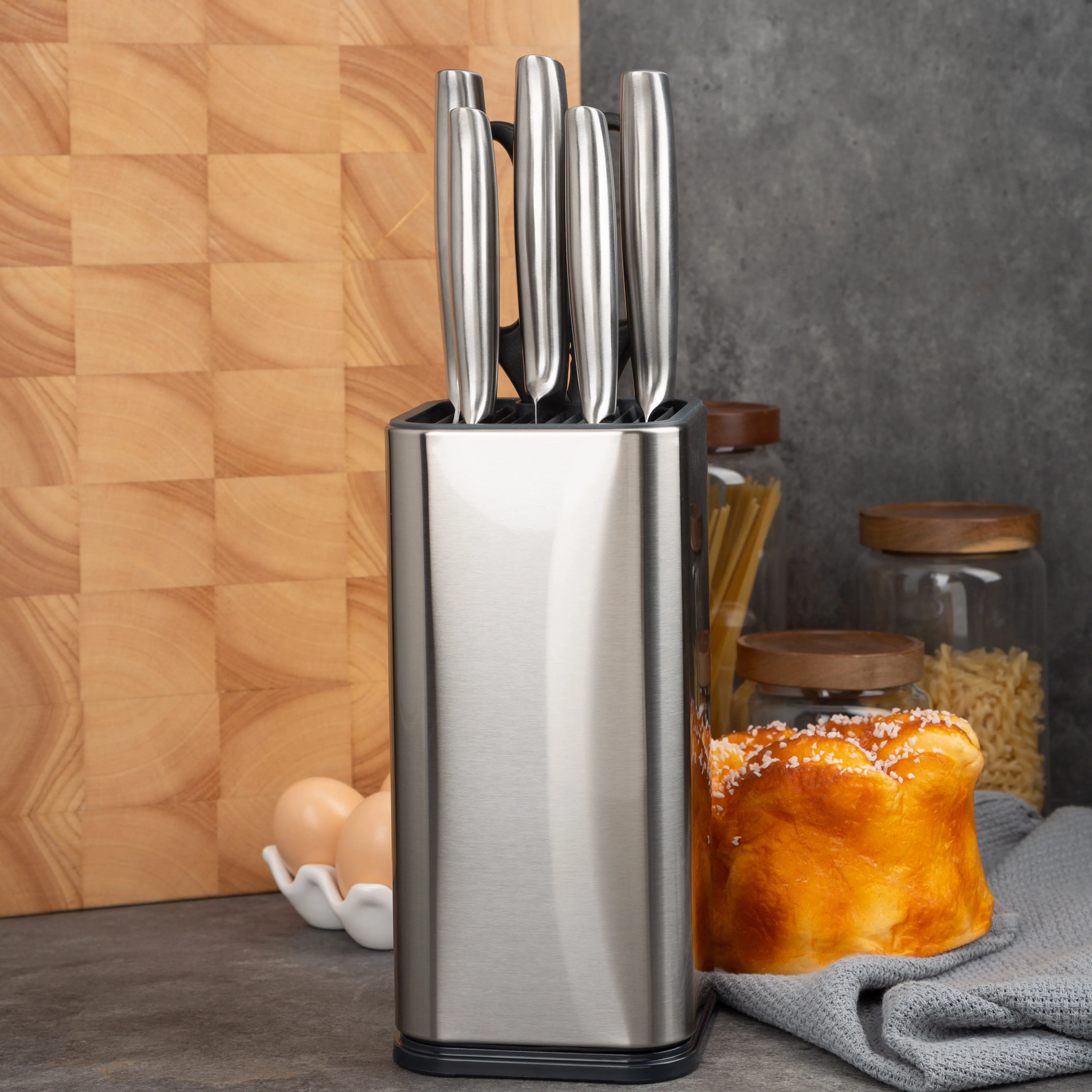 Custom Logo Stainless-Steel Rectangular Design Knife Block Set Scissors-Slot Counter-top Storage Universal Kitchen Knife Holder