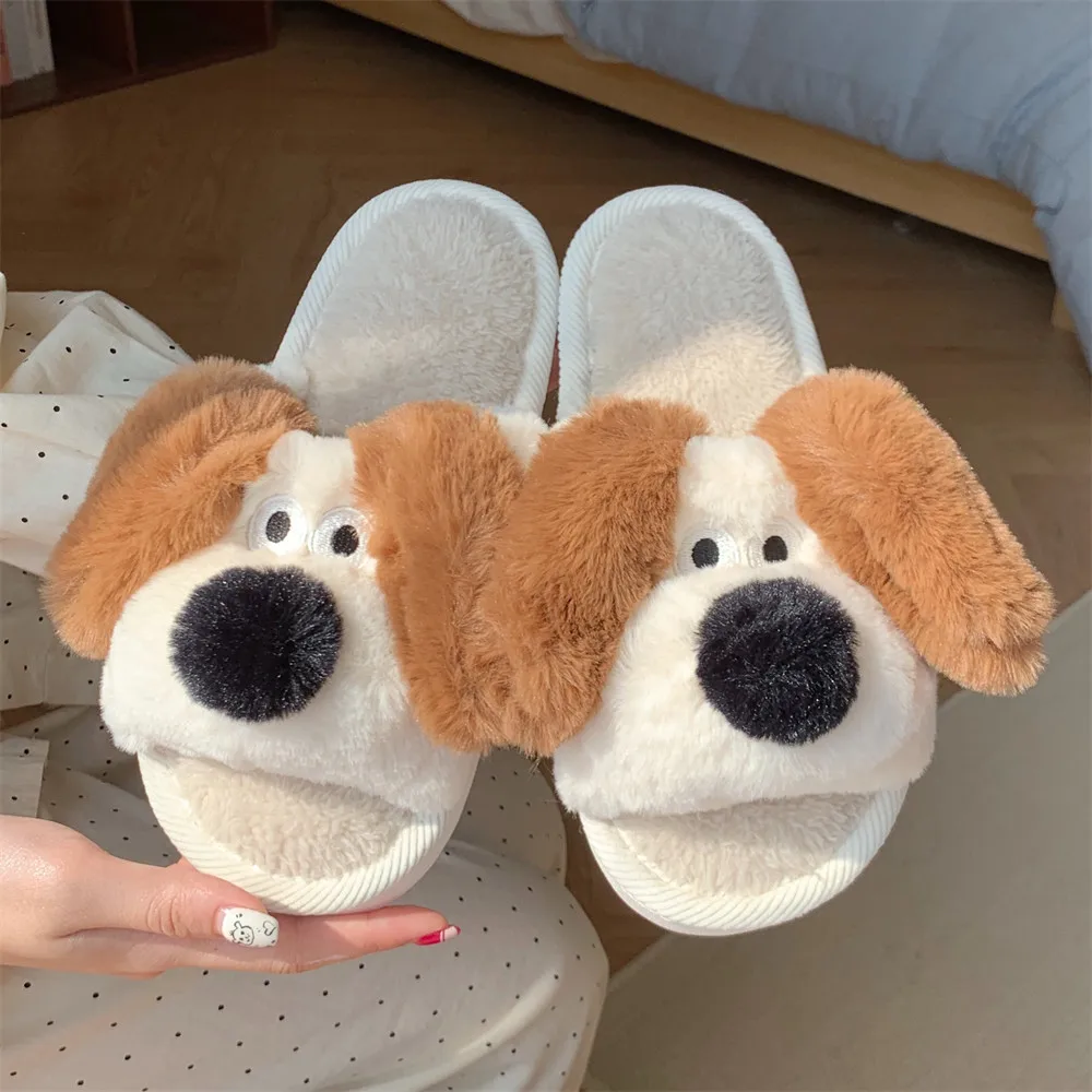 XIXITIAO fuzzy sandals dog house flat plush shoes indoor winter non slip cute animal plush slippers for women girls
