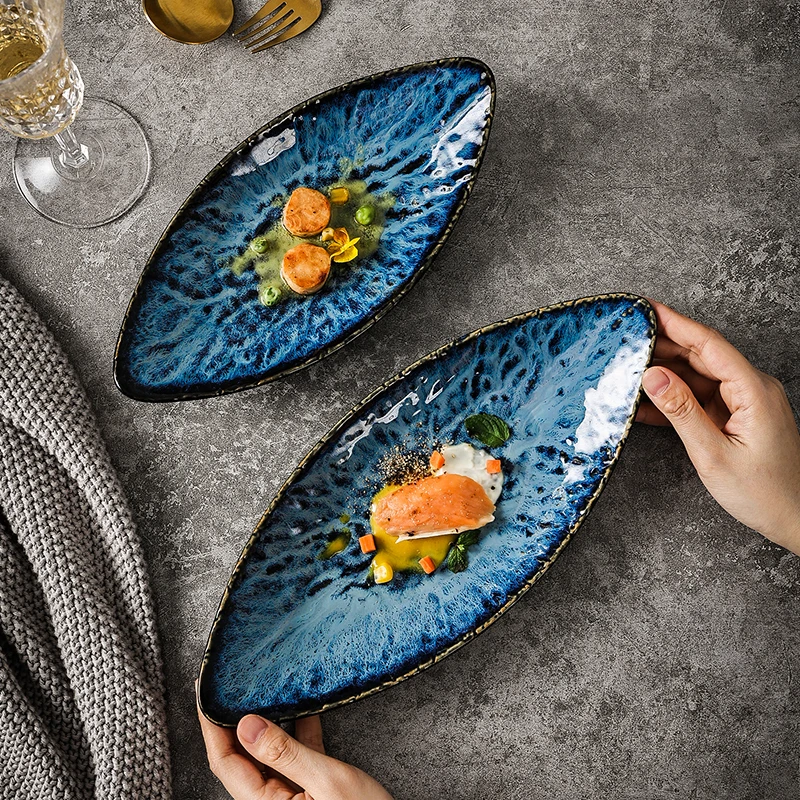 Japanese Blue Sushi Plates Sushi Plate Set Oval Plate Fish Serving Tray