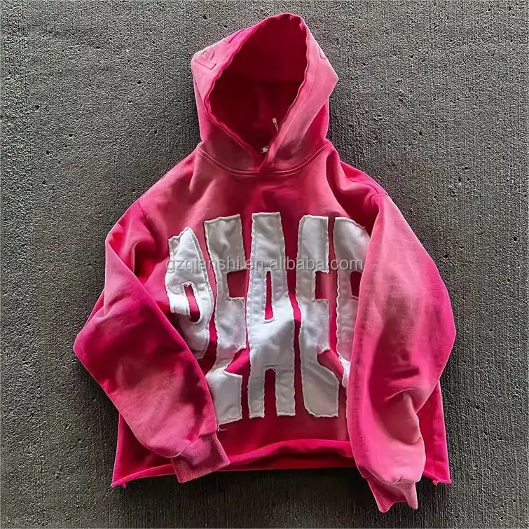 streetwear graphic french terry washed pink patch embroidery zip hoodie cropped patchwork distressed embroidered zip up hoodie