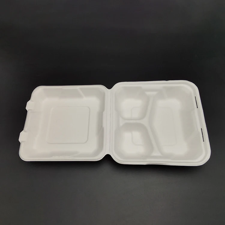 ECO 100% Biodegradable Disposable Lunch Box Clamshell Sugarcane Bagasse Plate with Lid for Takeaway Food and Restaurant Use