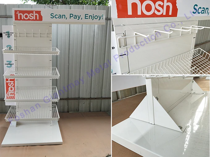 Stable grocery store marketing floor standing steel wire mesh hanging shelve exhibition display shelving rack