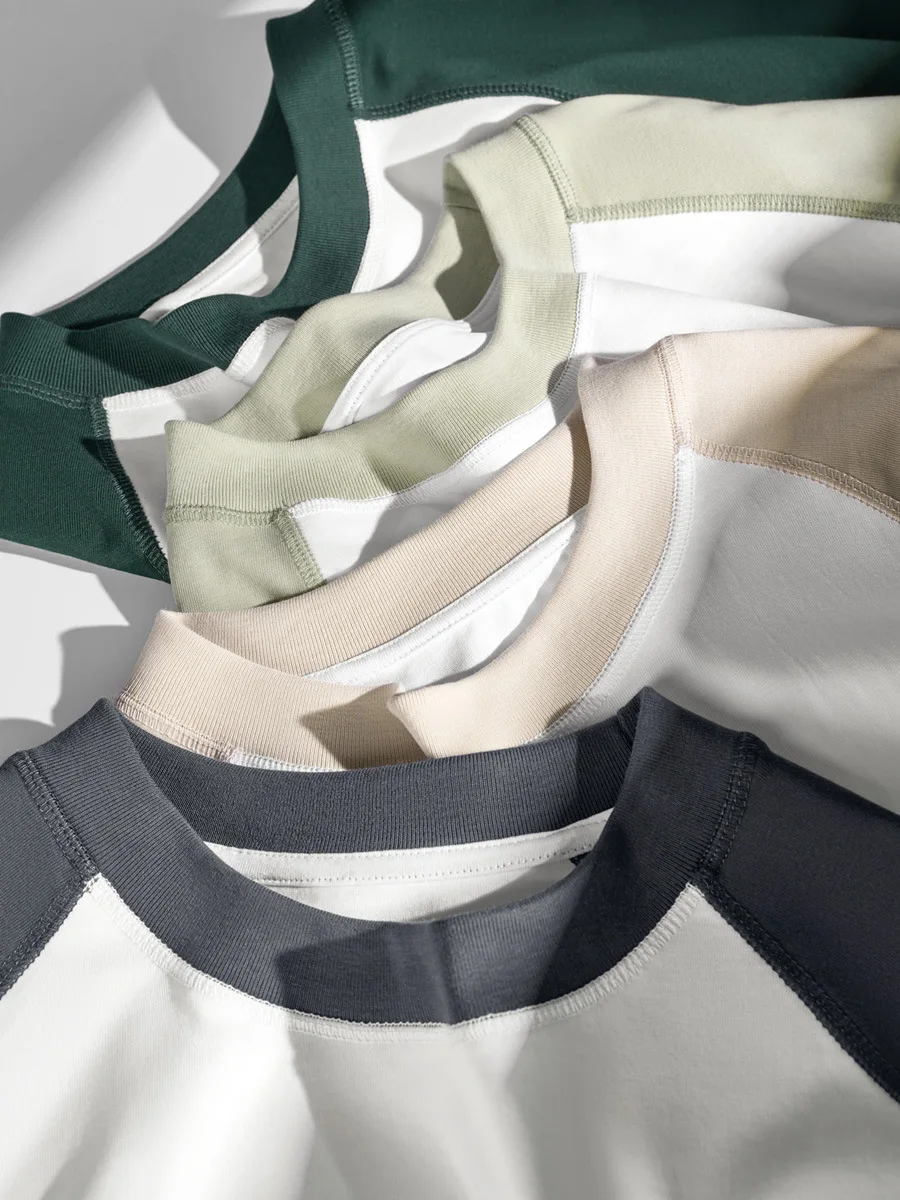 3 Needles 5 Threads Overlock Color Matching Vintage Raglan Half Sleeve 300 GSM Heavywight Oversize Blank Plain T-Shirt For Men