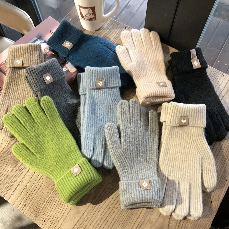 Solid Color Leakage Two Finger Winter Women Knitted Warm Wool Gloves With Logo