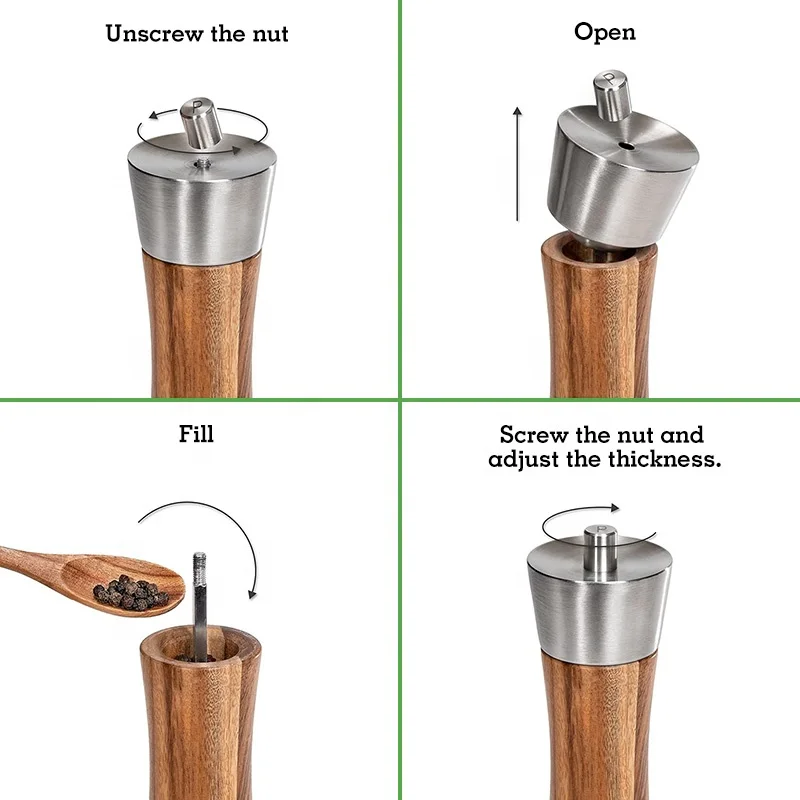 Custom Acacia Wood & stainless steel spice mills wood salt and pepper grinder mill with saucer and spoon