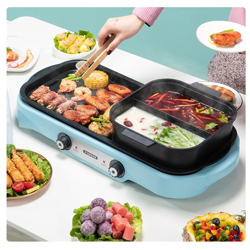 2-в-1 с антипригарным покрытием электрический барбекю горячий горшок общежития Многофункциональный дым-Бесплатная Главная плита-оптовая продажа дым