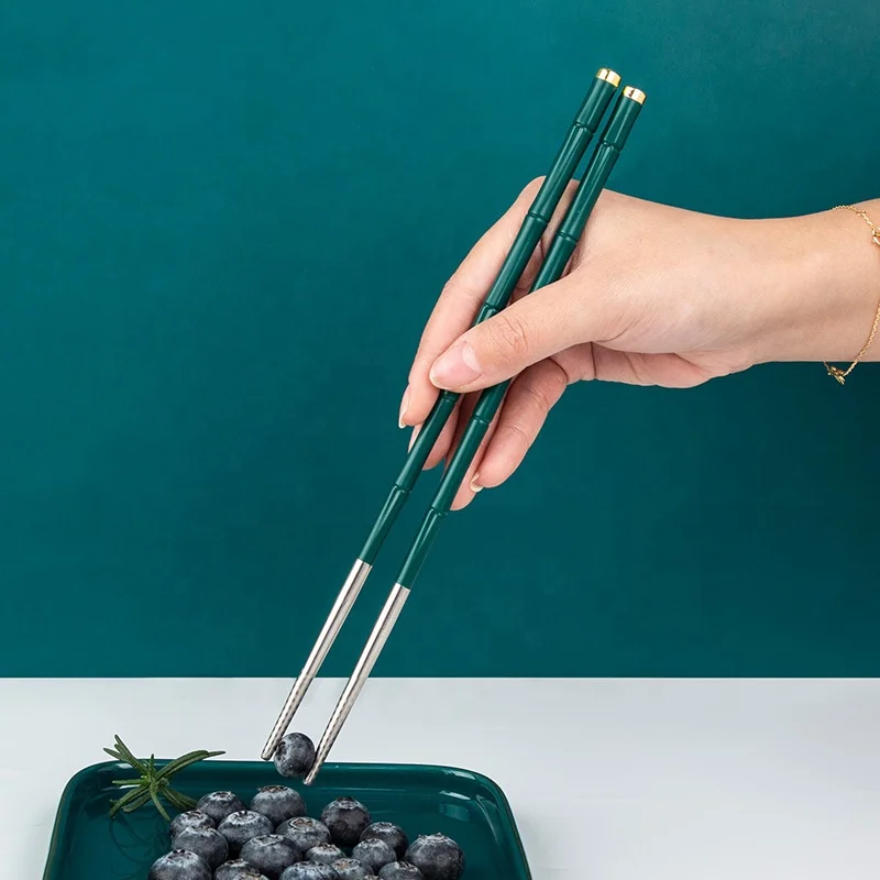 Unique bamboo shape green reusable alloy metal stainless steel Korean chopsticks