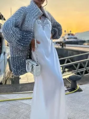 Loose High Class Elegant Sequin V-Neck Sweater Coat