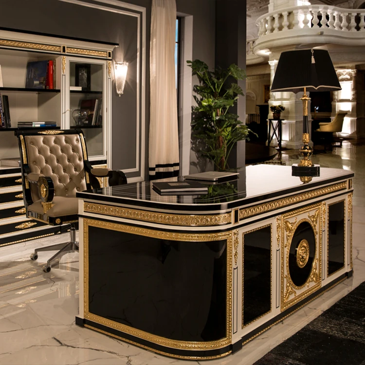 high end black and gold wooden boss office table and chair set furniture director executive ceo classic luxury office table