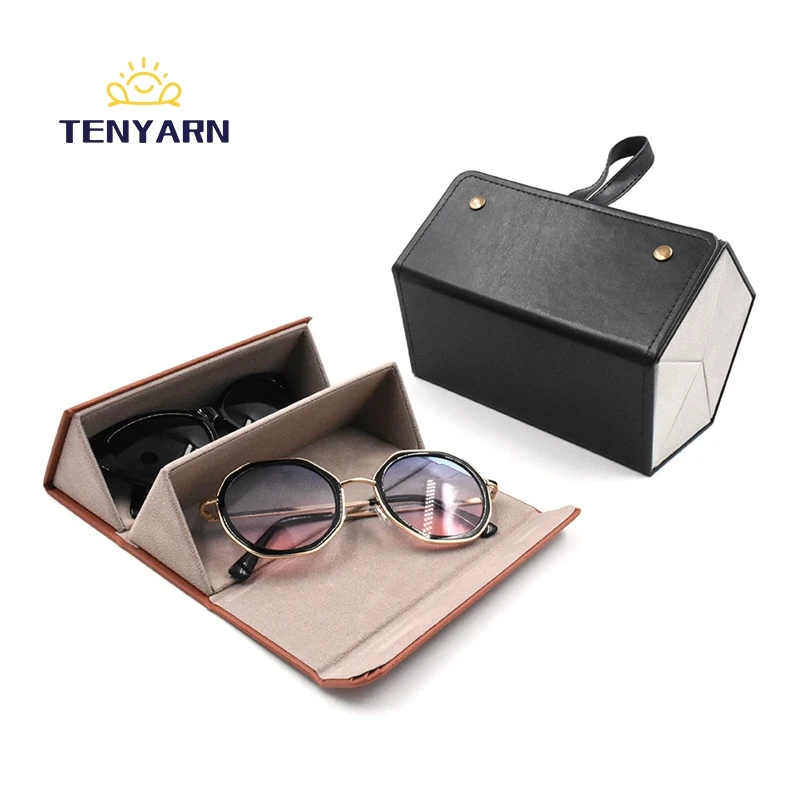 Tenyarn Portable Glasses Organizer //4// Multi-Slot Eyeglasses Folding Sun Pu Leather Case Eyewear Display Suitcase