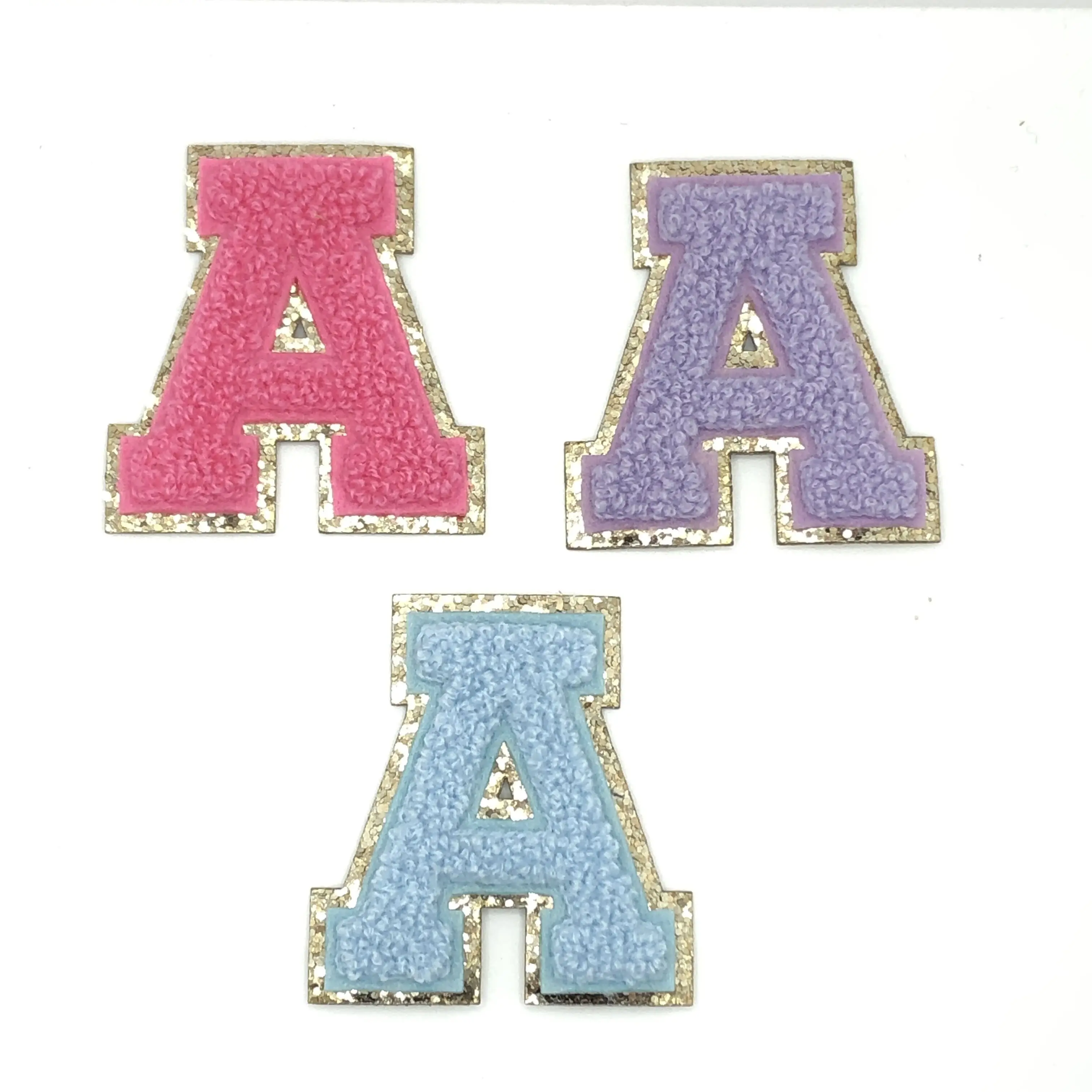 Custom Varsity Light Blue Chenille Glitter Letter Patches  Phone Case Chenille Leather A-Z Patch Embroidery