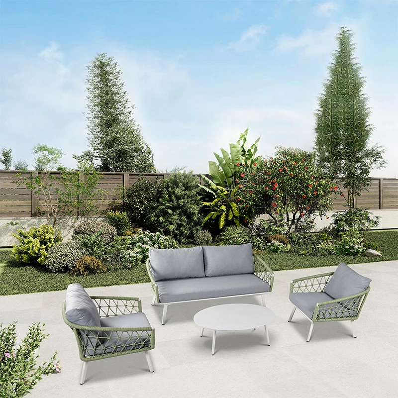 Sectional Luxury Compact Waterproof Courtyard Restaurant Outdoor Garden Furniture Aluminum Olive Green Rope Promotion Sofa Set