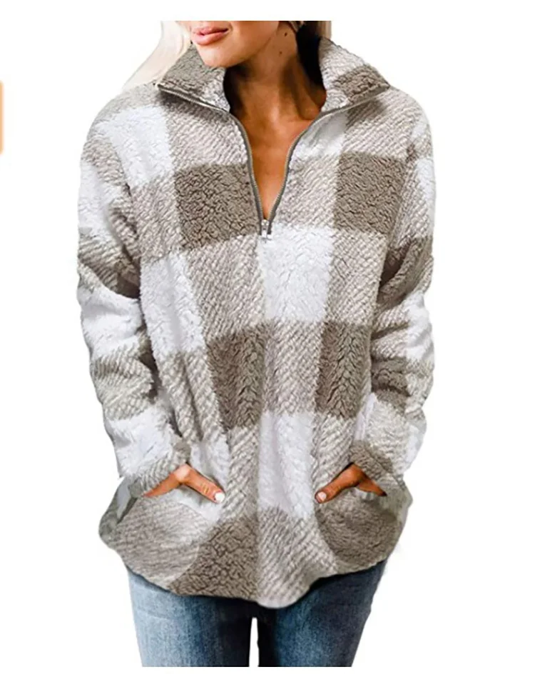High Quality Woman Wool Plaid Coat Long Sleeve Warm Fleece Women Plaid Woolen Coat