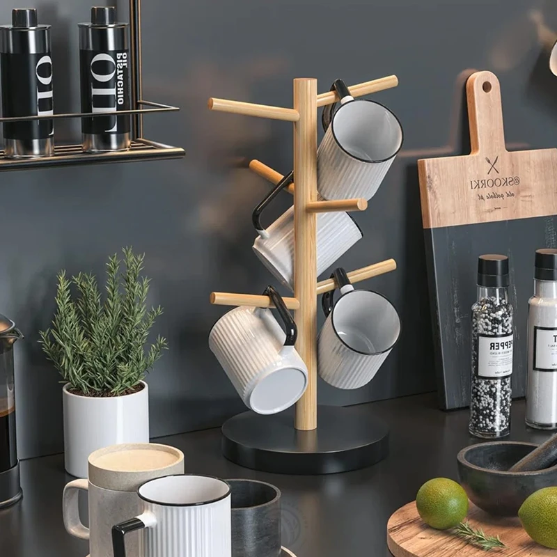 Kitchen Organization Sustainable Bamboo Cup Storage Mug Tree Holder Wiht 6 Pegs